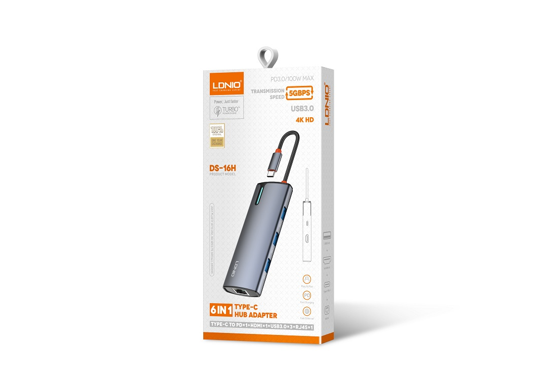 Adaptador HUB LDNIO DS-16H 6 en 1 | USB-C con HDMI 4K, RJ45, USB 3.0 y Carga Rápida 100W PD