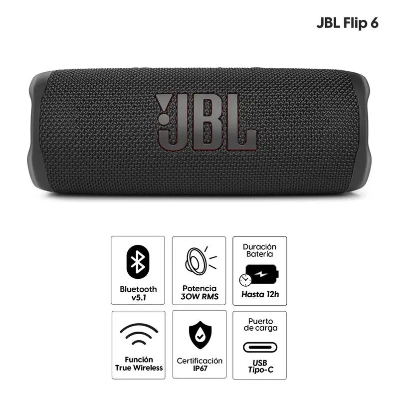 JBL Flip 6 – Parlante Bluetooth 30W, IP67, 12 h de Batería - sonido potente