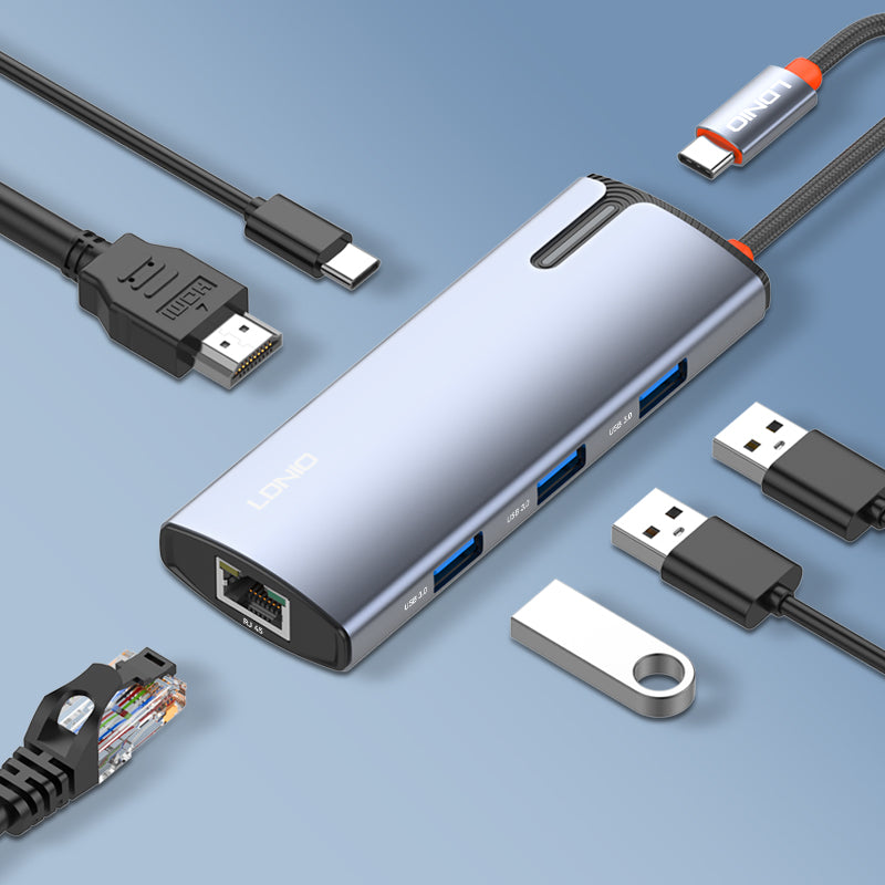 Adaptador HUB LDNIO DS-16H 6 en 1 | USB-C con HDMI 4K, RJ45, USB 3.0 y Carga Rápida 100W PD