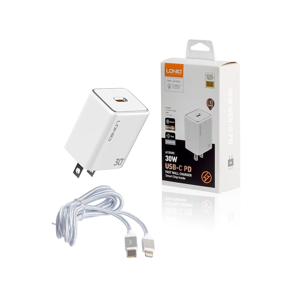 LDNIO A1508c Cargador iPhone 30W lightning – Carga Rápida con USB-C PD