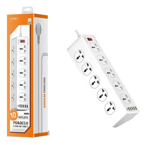 EXTENSIÓN INTELIGENTE LDNIO sc10610 de 10 TOMAS + 5 USB + 1 TYPE C | CARGA RÁPIDA Y SEGURA