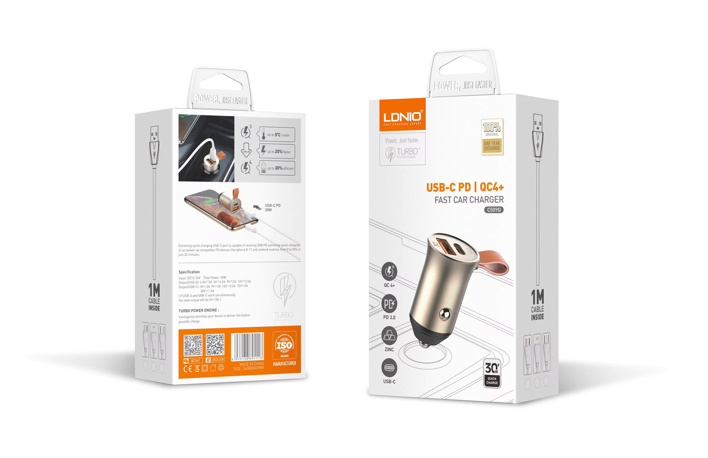 CARGADOR RÁPIDO PARA AUTO LDNIO C509Q | 30W USB-C PD + QC4.0 | CABLE TYPE C TO LIGHTNING INCLUIDO DE 1M