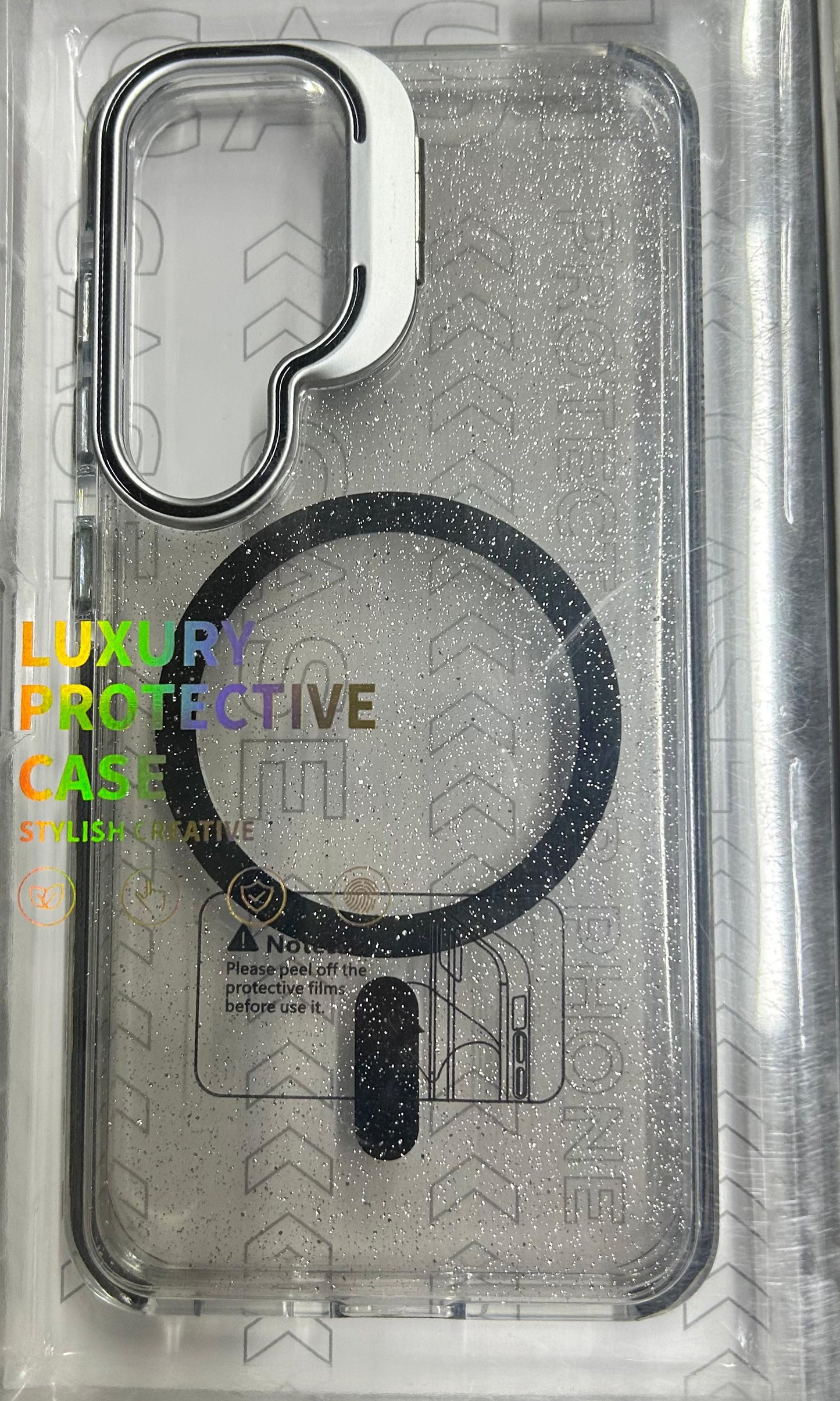 Case Magsafe transparente glitter con parante trasero + detalles brillantes Samsung s24/s25