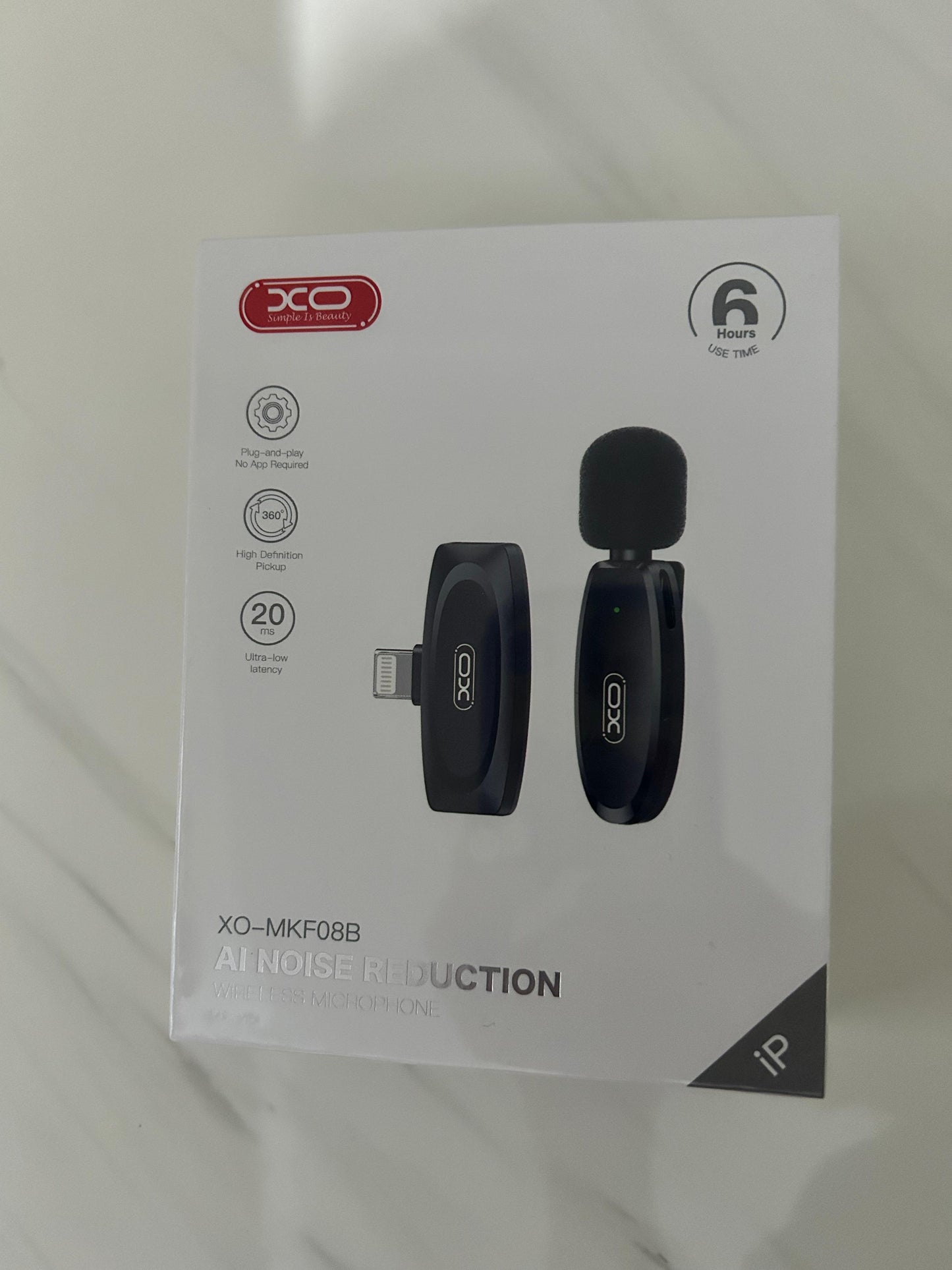 MICRÓFONO INALÁMBRICO XO-MKF08B PARA IPHONE CON CONEXIÓN LIGHTNING Y REDUCCIÓN DE RUIDO AI