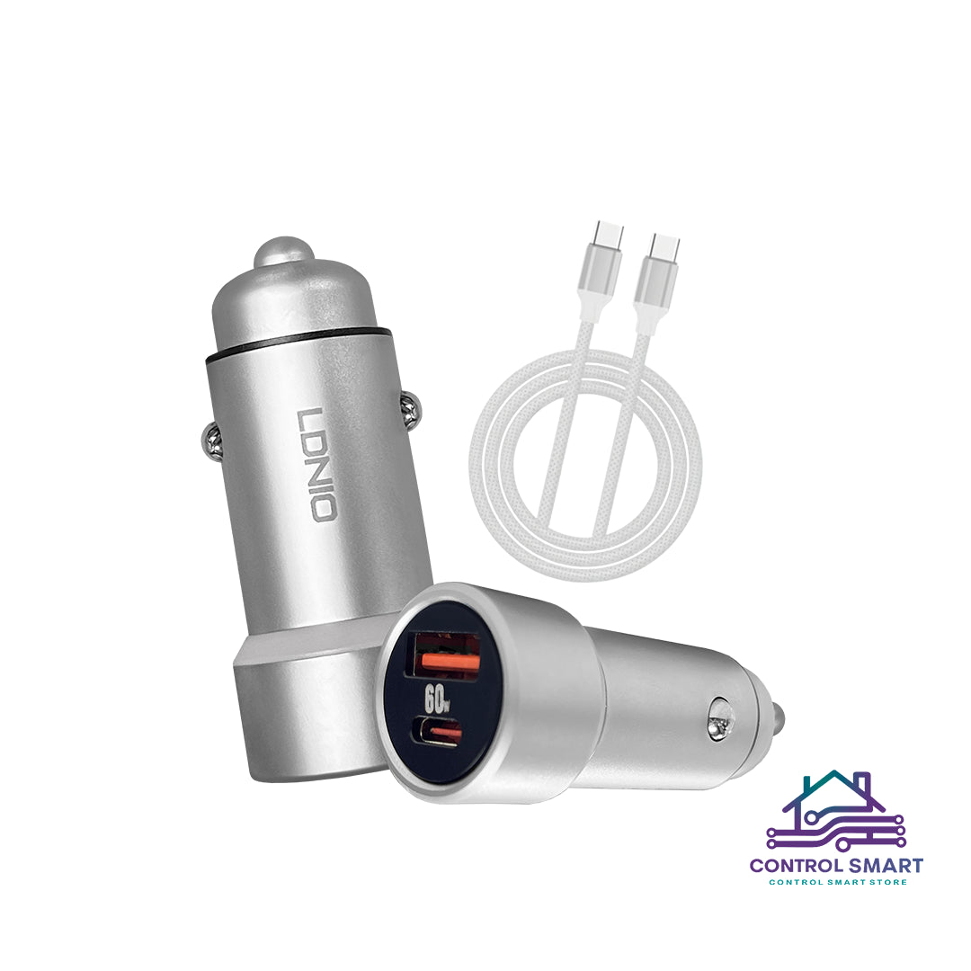 CARGADOR PARA AUTO LDNIO C302-1 | 1 PUERTO USB QC 3.0 + 1 TYPE C | CARGA RÁPIDA 60W + CABLE C-C