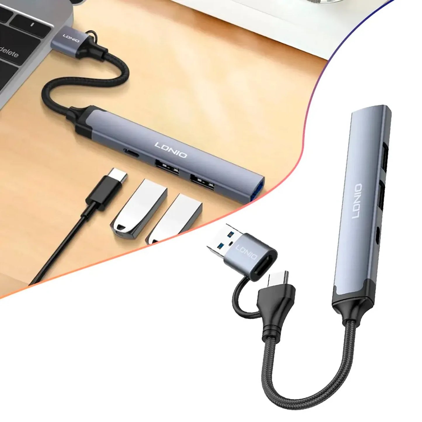 Adaptador USB LDNIO DS-64C | HUB 4 en 1 con USB 3.0 y Tipo-C | Alta Velocidad de Transferencia