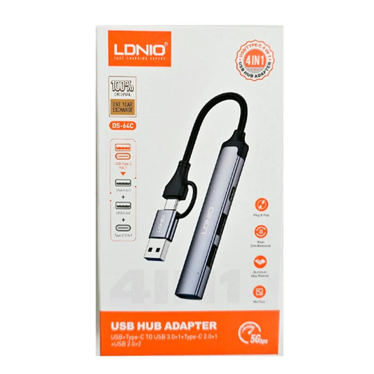 Adaptador USB LDNIO DS-64C | HUB 4 en 1 con USB 3.0 y Tipo-C | Alta Velocidad de Transferencia