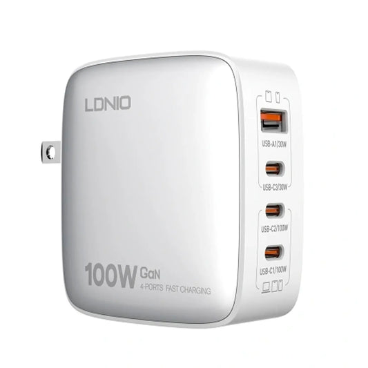 Cargador LDNIO GaN 100W Q408 | Ideal para MacBook, iPad y iPhone | 3 USB-C + 1 USB-A con Enchufe Universal