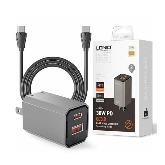 Cargador Rápido Dual LDNIO A2527C 30W – USB-C PD + USB QC 3.0 para iPhone y Android
