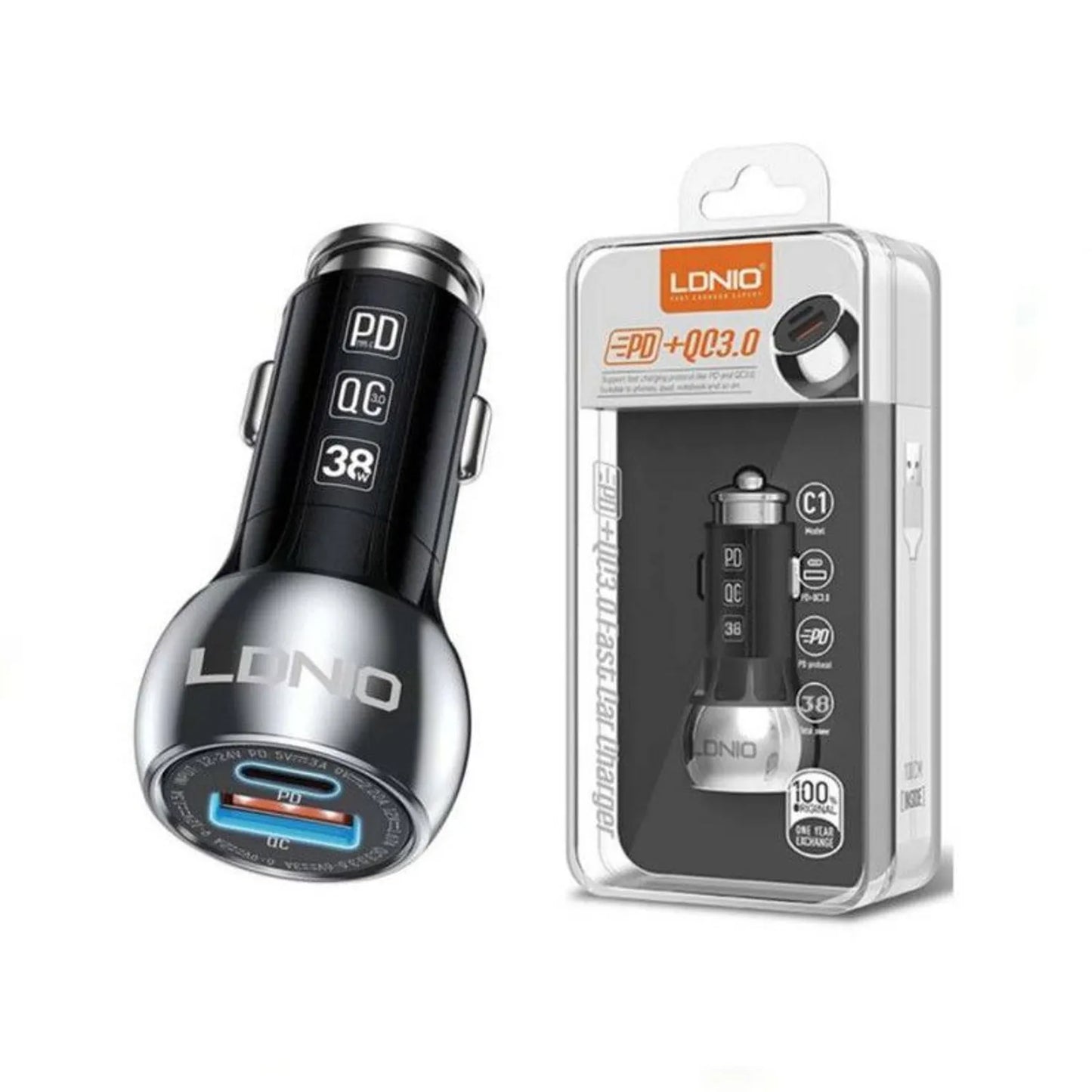 CARGADOR PARA AUTO LDNIO C1 | CARGA RÁPIDA 38W| 1 PUERTO USB QC 3.0 + 1 TYPE C | INCLUYE CABLE 1M