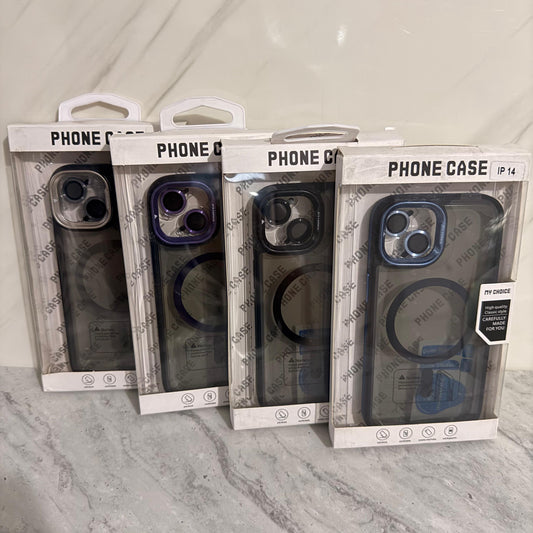 Case premium ahumado bordes con parante en camara + mica de camara iPhone 13/14/15 6.1