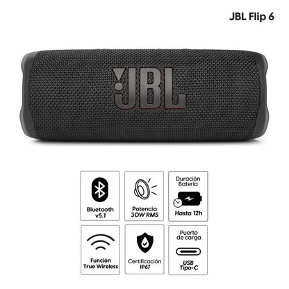 JBL Flip 6 – Parlante Bluetooth 30W, IP67, 12 h de Batería - sonido potente