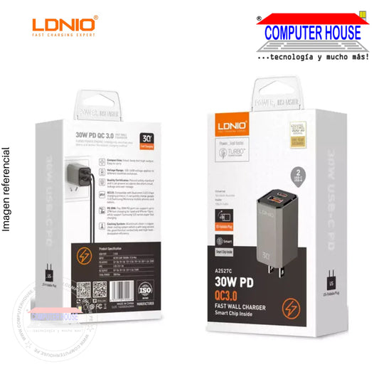 Cargador Rápido Dual LDNIO A2527C 30W – USB-C PD + USB QC 3.0 para iPhone y Android
