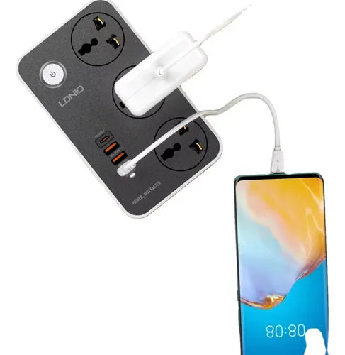 Regleta LDNIO SC3412 con 3 Tomas + 3 Puertos USB | PD 20W + QC 3.0 | Cable de 2m y Carga Rápida 38W