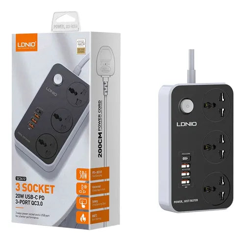 Regleta LDNIO SC3412 con 3 Tomas + 3 Puertos USB | PD 20W + QC 3.0 | Cable de 2m y Carga Rápida 38W