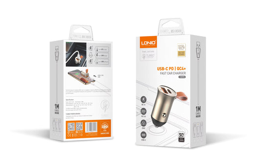 CARGADOR RÁPIDO PARA AUTO LDNIO C509Q | 30W USB-C PD + QC4.0 | CABLE TYPE C TO LIGHTNING INCLUIDO DE 1M