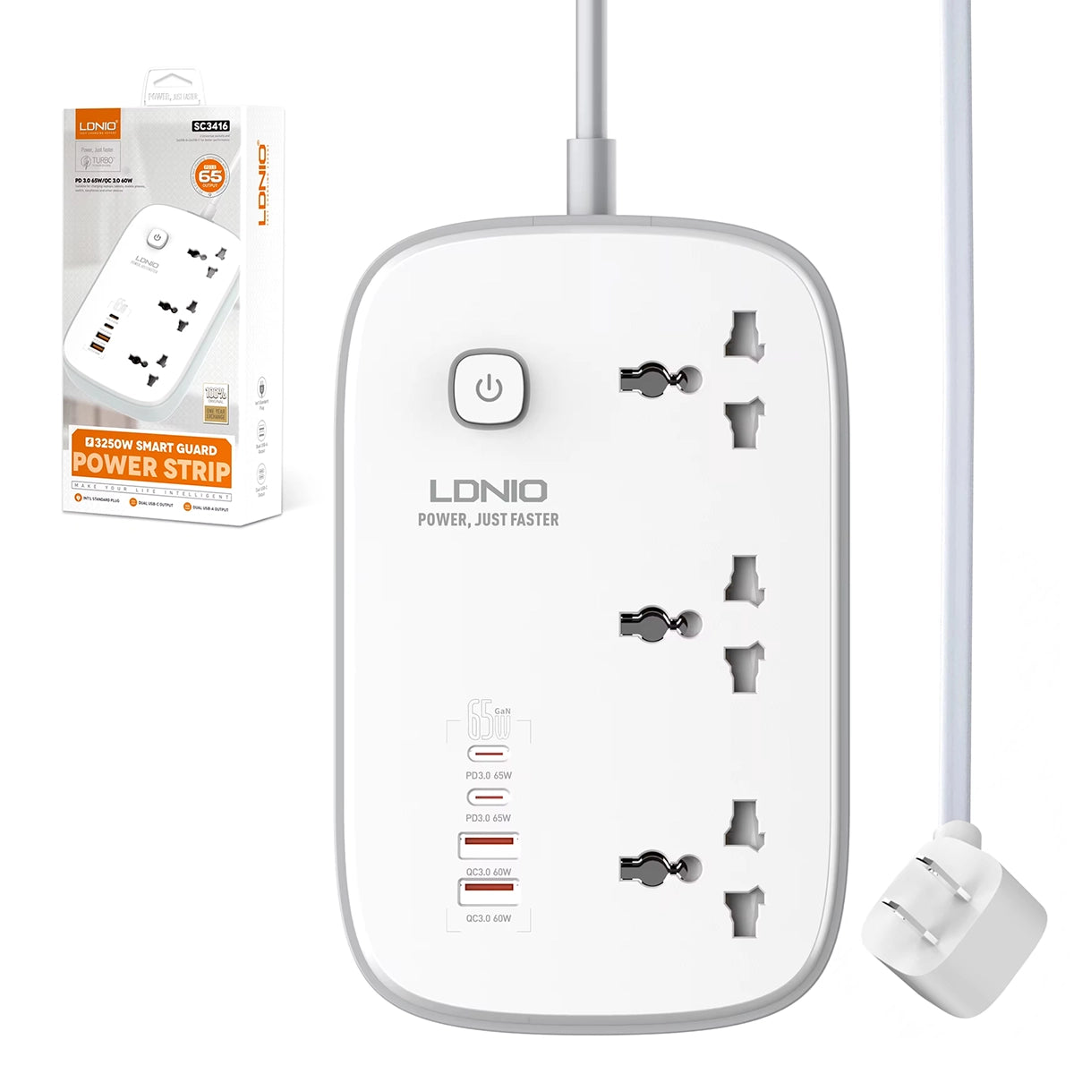 Regleta Inteligente LDNIO SC3416 | 3 Tomas + 2 Puertos USB + 2 type c | 3250W de Potencia y Protección Smart Guard