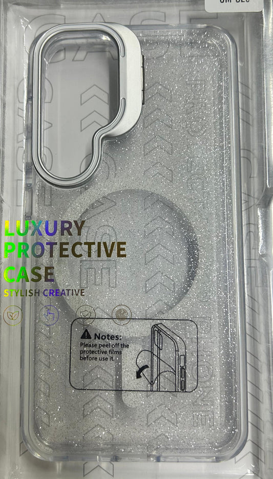 Case Magsafe transparente glitter con parante trasero + detalles brillantes Samsung s24/s25