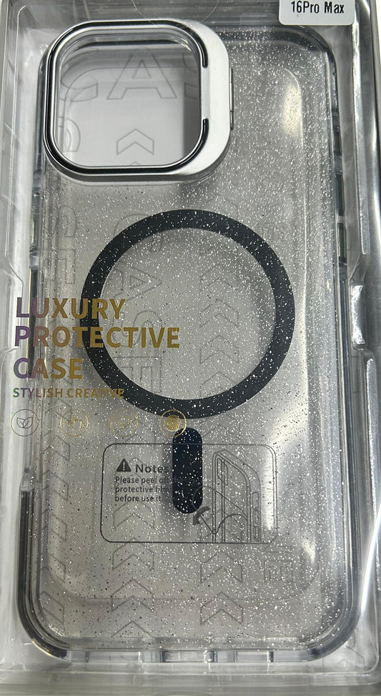 Case Magsafe transparente glitter con parante trasero + detalles brillantes iPhone 16 pro max