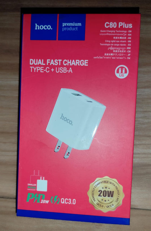 Dado Dual Tipo C+ USB-A QC3. 0 HOCO C80 PLUS 20W
