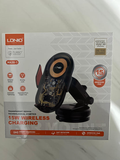 SOPORTE PARA AUTO CON CARGA INALÁMBRICA RÁPIDA 15W | SENSOR AUTOMÁTICO Y GIRO 360 LDNIO MA30-1
