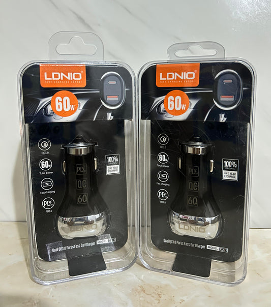 CARGADOR PARA AUTO LDNIO C2-1 | 1 PUERTO USB QC 3.0 + 1 TYPE C | CARGA RÁPIDA 60W + CABLE C-C