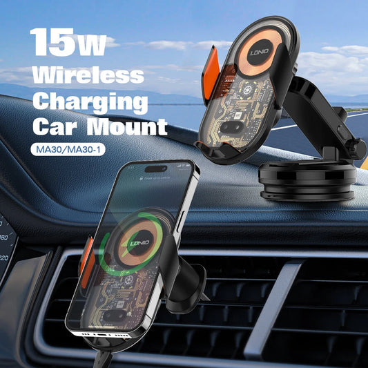 SOPORTE PARA AUTO CON CARGA INALÁMBRICA RÁPIDA 15W | SENSOR AUTOMÁTICO Y GIRO 360 LDNIO MA30-1