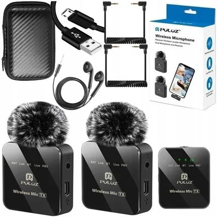 Micrófono Inalámbrico Puluz PU3154B 2 TX + 1 RX | para  iPhone, andoid , Cámaras y Tablets