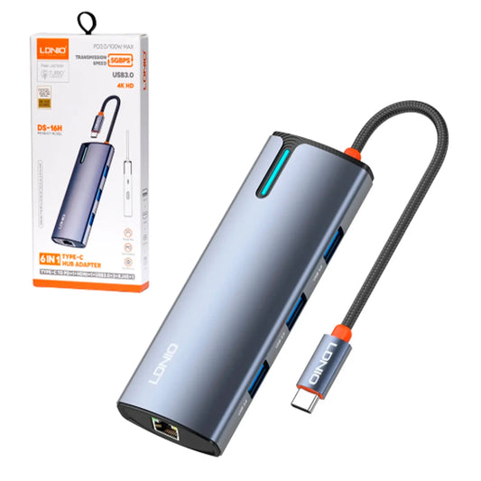 Adaptador HUB LDNIO DS-16H 6 en 1 | USB-C con HDMI 4K, RJ45, USB 3.0 y Carga Rápida 100W PD