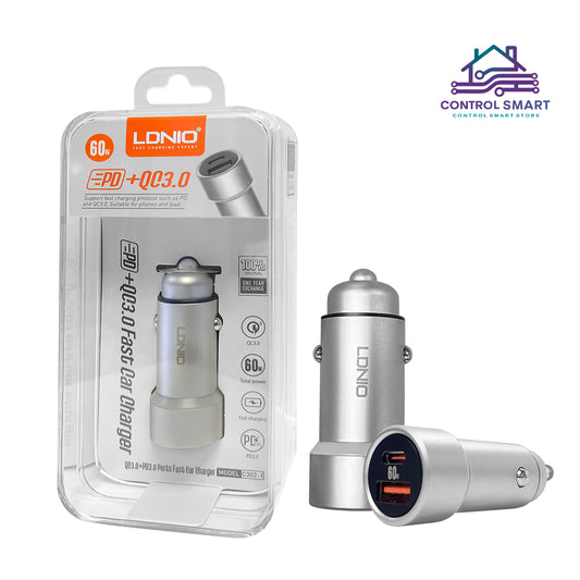 CARGADOR PARA AUTO LDNIO C302-1 | 1 PUERTO USB QC 3.0 + 1 TYPE C | CARGA RÁPIDA 60W + CABLE C-C