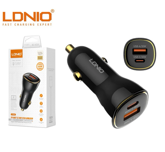 CARGADOR RÁPIDO PARA AUTO LDNIO C103 | 60W CON SALIDAS USB-C + USB-A | INCLUYE CABLE DE 1M