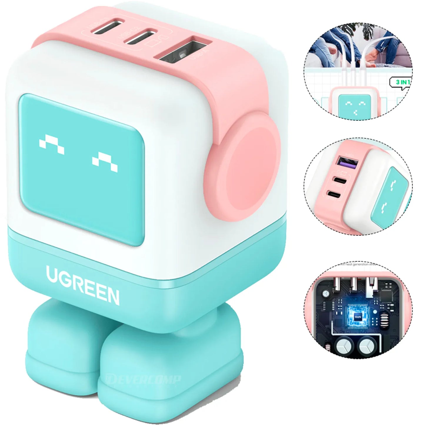 UGREEN Uno RG Robot GaN 65W | Cargador Rápido 3 Puertos (2 USB-C + 1 USB-A)